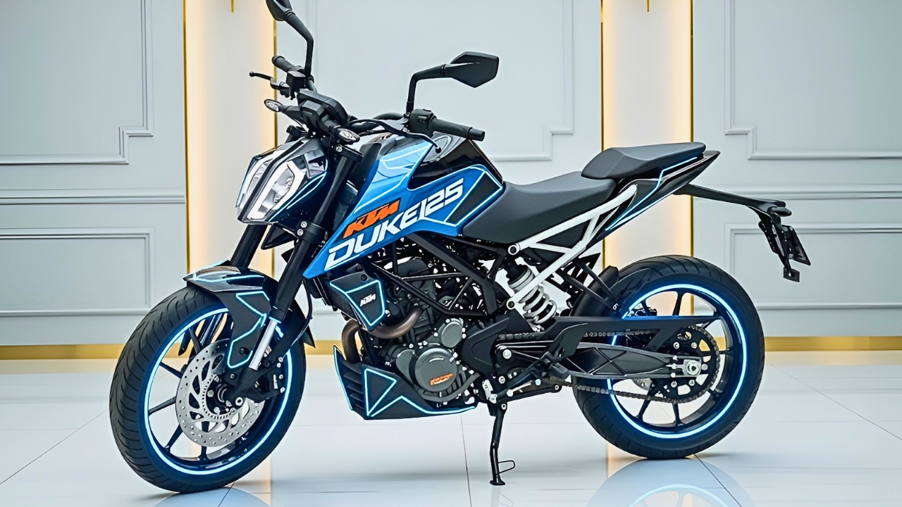 KTM Duke: La moto naked deportiva con diseño metálico azul y estilo agresivo